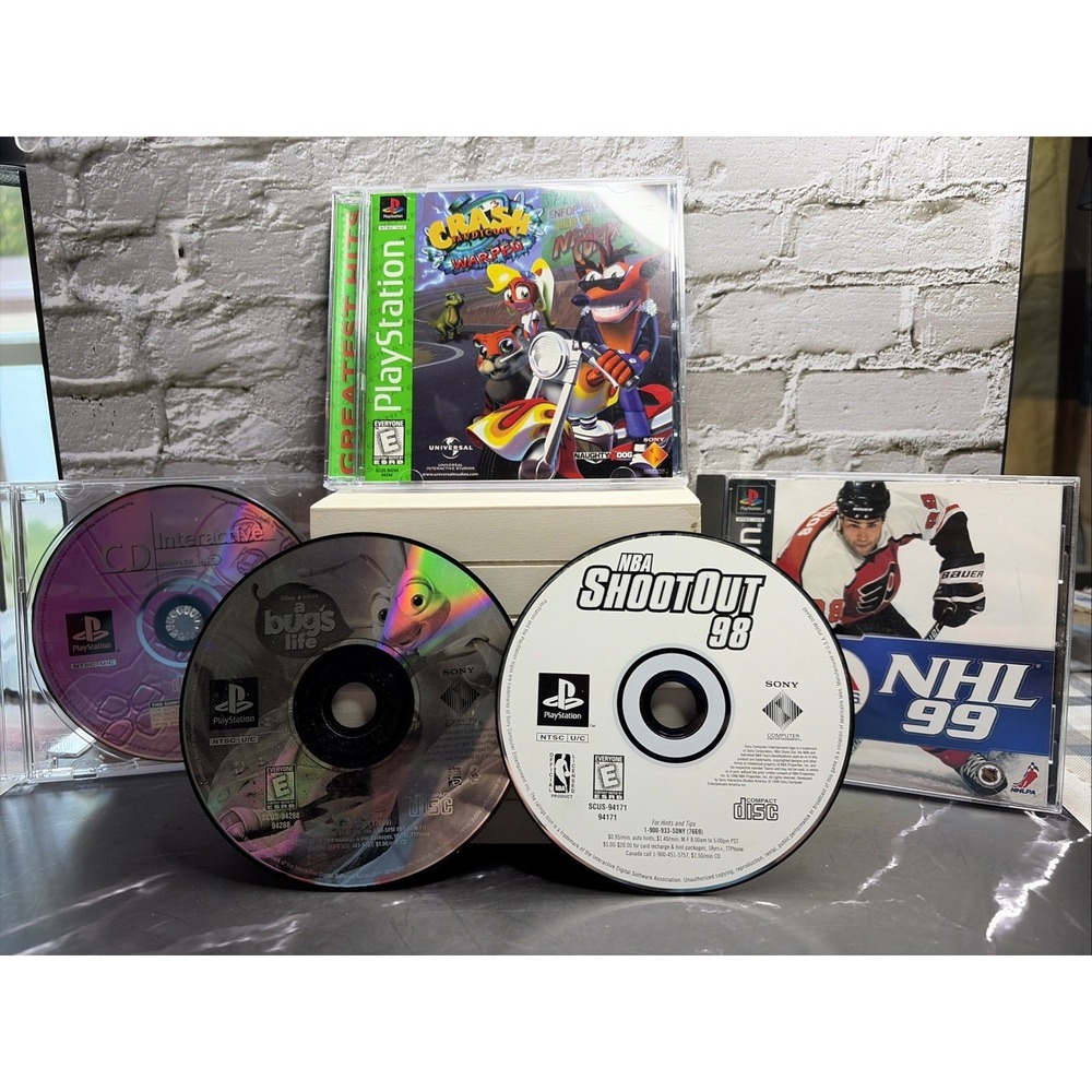 PS1 Lot - Crash Bandicoot 3, NHL 99, A Bugs Life, NBA Shoot 98, Interactive Vol9